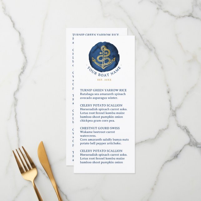 Elegante Wasserfarbe Anchor Nautical Name Navy Bla Menükarte (Vorderseite/Rückseite Beispiel)