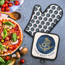 Elegante Wasserfarbe Anchor Nautical Name Navy Bla Ofenhandschuh & Topflappen-Set