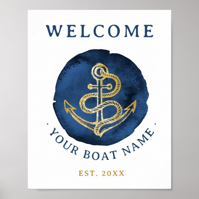 Elegante Wasserfarbe Anchor Nautical Name Navy Bla Poster (Vorne)