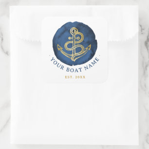Elegante Wasserfarbe Anchor Nautical Name Navy Bla Quadratischer Aufkleber