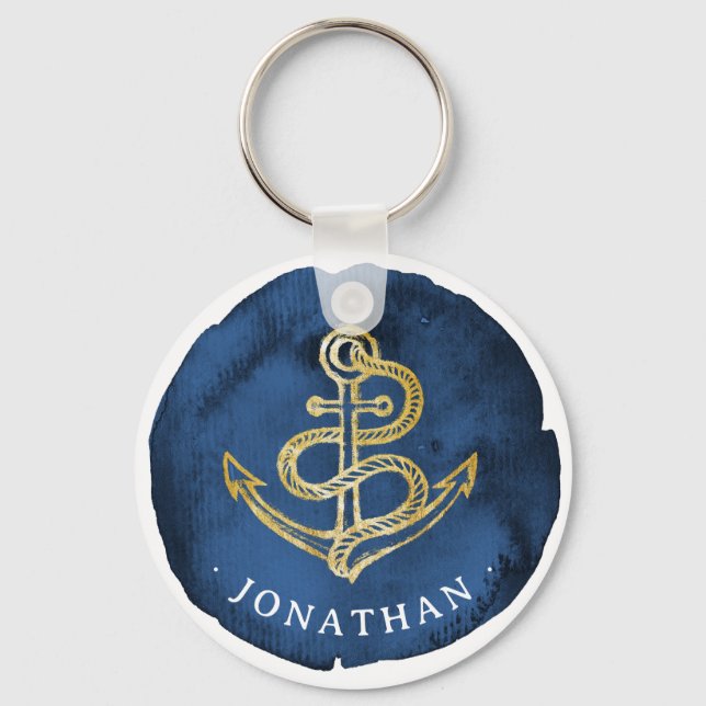 Elegante Wasserfarbe Anchor Nautical Name Navy Bla Schlüsselanhänger (Vorderseite)