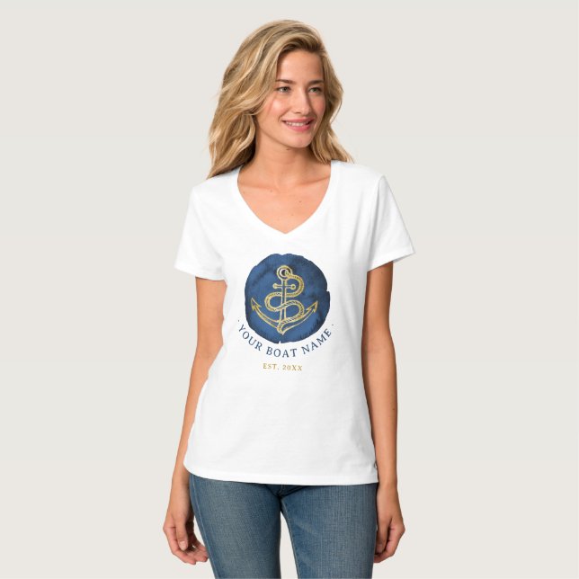Elegante Wasserfarbe Anchor Nautical Name Navy Bla T-Shirt (Vorderseite Vollansicht)