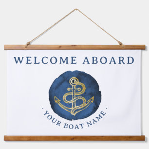Elegante Wasserfarbe Anchor Nautical Name Navy Bla Wandteppich Mit Holzrahmen