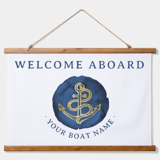 Elegante Wasserfarbe Anchor Nautical Name Navy Bla Wandteppich Mit Holzrahmen (Vorne)