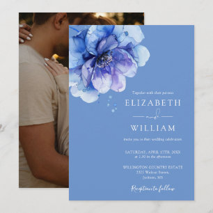 Elegante Wasserfarbe Blaue Blumige Foto-Hochzeit Einladung