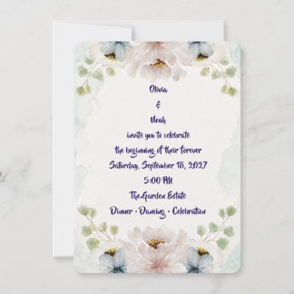 Elegante Wasserfarbe Blaue Blumige Hochzeitseinlad Einladung