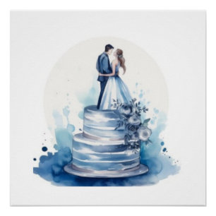 Elegante Wasserfarbe Blaue Blumige Hochzeitstorte Poster