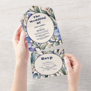 Elegante Wasserfarbe Blaue Florale Hochzeit All In One Einladung
