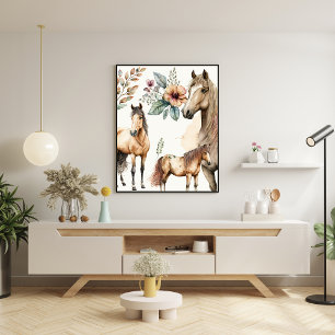 Elegante Wasserfarbe Blumenbekleidung Einhorn Pfer Leinwanddruck