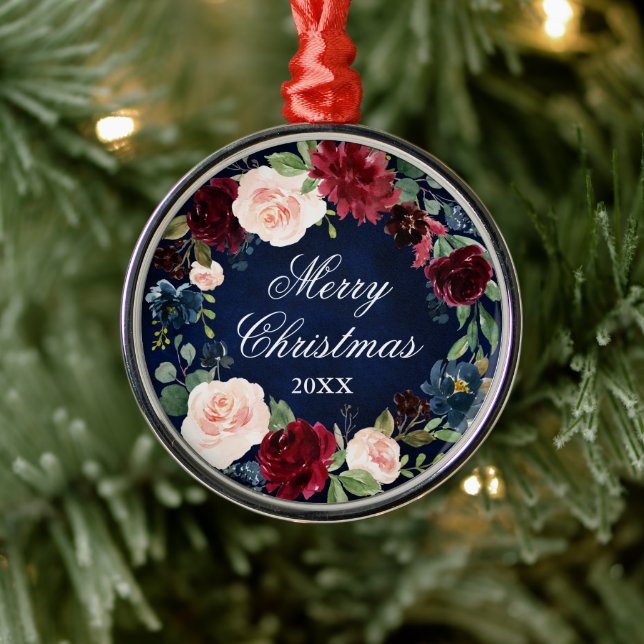 Elegante Wasserfarbe Blumenreath Frohe Weihnachten Ornament Aus Metall (Baum)
