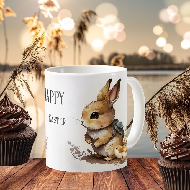 Elegante Wasserfarbe Bunny Happy Osterfeier Kaffeetasse (Classic mug featuring a watercolor painting of an Easter bunny with baby birds)
