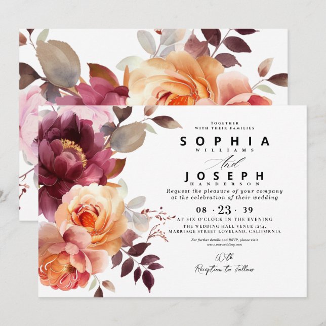 Elegante Wasserfarbe Burgundy Bouquet Blumenhochze Einladung (Vorne/Hinten)