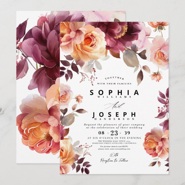 Elegante Wasserfarbe Burgundy Bouquet Blumenhochze Einladung (Vorne/Hinten)