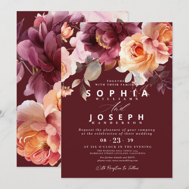 Elegante Wasserfarbe Burgundy Bouquet Blumenhochze Einladung (Vorne/Hinten)