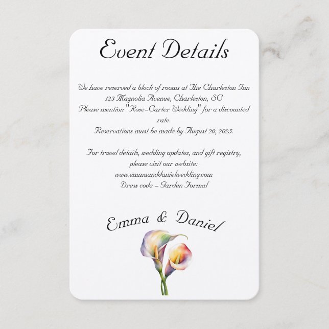 Elegante Wasserfarbe Calla Lilies Romantische Blum Begleitkarte (Vorderseite)