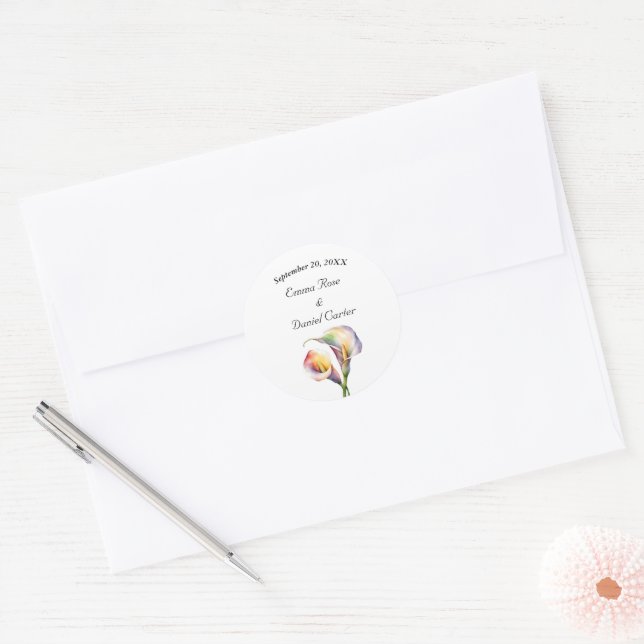 Elegante Wasserfarbe Calla Lilies Romantische Blum Runder Aufkleber (Umschlag)