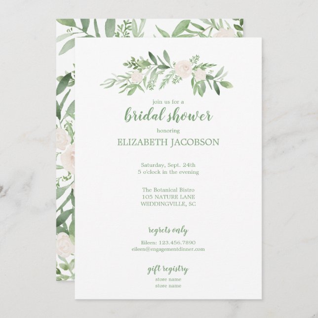 Elegante Wasserfarbe Elfenbeinfarben Rose Blumenko Einladung (Vorne/Hinten)