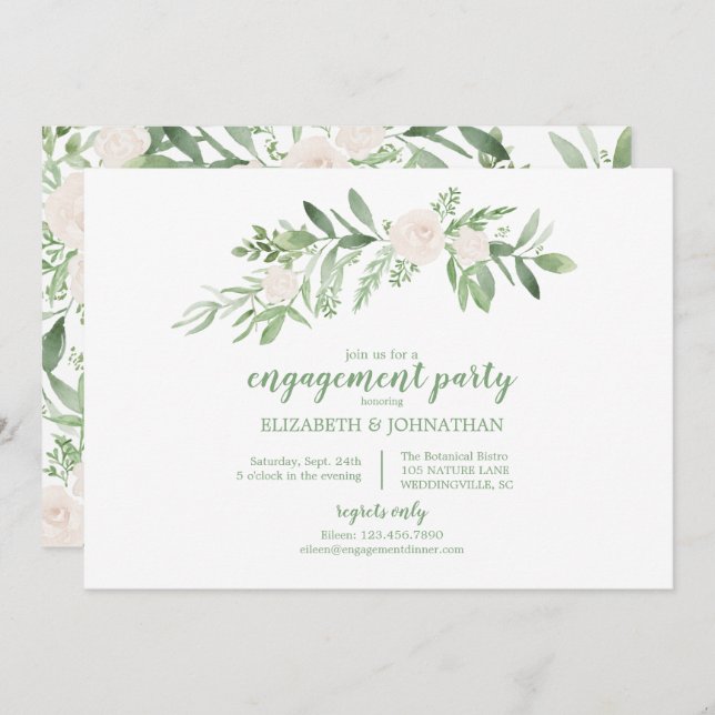 Elegante Wasserfarbe Elfenbeinfarbene Rose Engagem Einladung (Vorne/Hinten)