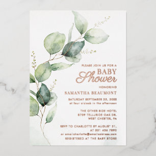 Elegante Wasserfarbe Eukalyptus-Baby-Party Folieneinladung