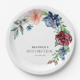 Elegante Wasserfarbe-Floral-80-Geburtstag  Pappteller