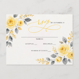 Elegante Wasserfarbe Floral Gelb Grau RSVP Postkarte