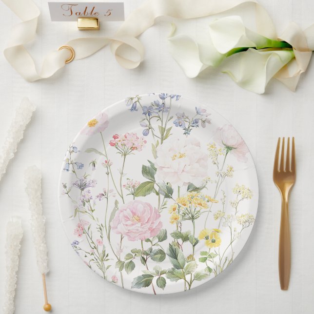 Elegante Wasserfarbe-Garten-Blumenhochzeit Pappteller (Hochzeit)