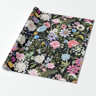 Elegante Wasserfarbe-Gartenblumen Schwarz Geschenkpapier