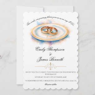 Elegante Wasserfarbe Goldene Rose Hochzeitsringe Einladung