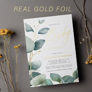 Elegante Wasserfarbe Grün Gold Baby Shower Folieneinladung