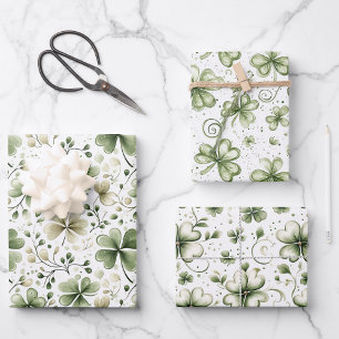 Elegante Wasserfarbe Grüne Shamrock-Muster Geschenkpapier Set