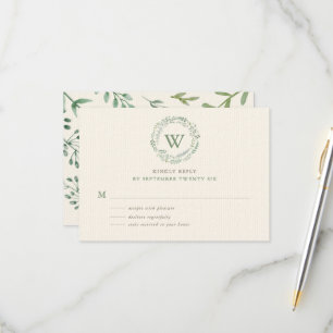 Elegante Wasserfarbe-Grünkrone-Monogramm RSVP Karte