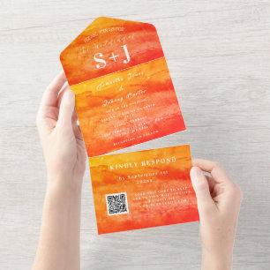 Elegante Wasserfarbe Herbst QR Code Hochzeits-RSVP All In One Einladung