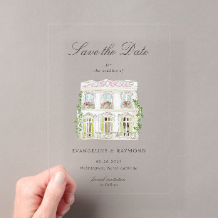 Elegante Wasserfarbe-Herrenhaus-Foto-Save-the-Date Acryleinladungen