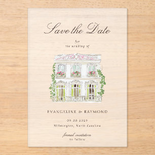 Elegante Wasserfarbe-Herrenhaus-Foto-Save-the-Date Acryleinladungen