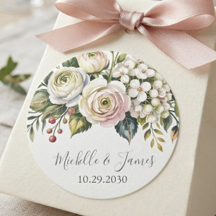 Elegante Wasserfarbe Hortensie Rose Blumige Hochze Runder Aufkleber