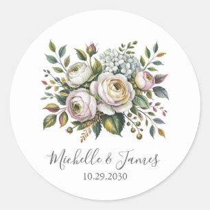 Elegante Wasserfarbe Hortensie Rose Florale Hochze Runder Aufkleber