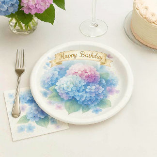 Elegante Wasserfarbe Hortensien Blumen Geburtstags Pappteller