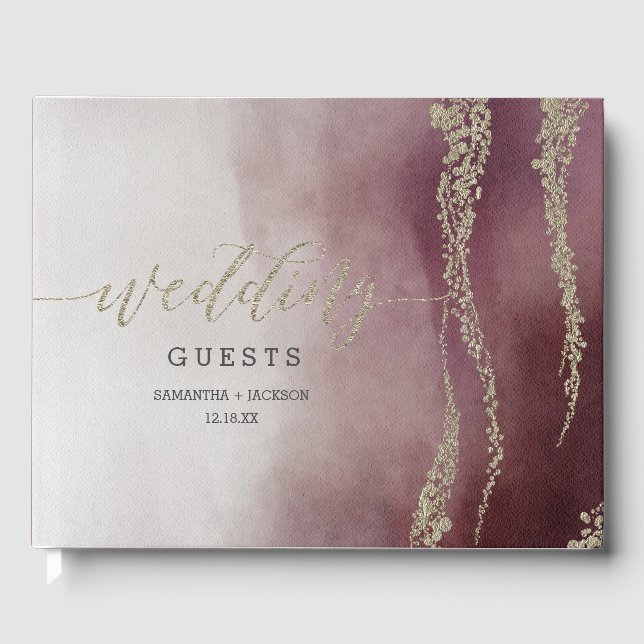 Elegante Wasserfarbe in Cranberry Wedding Monogram Gästebuch (Vorderseite)