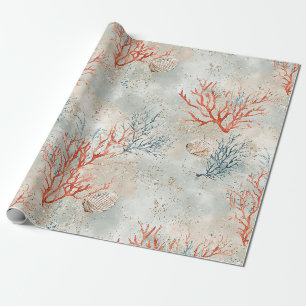 Elegante Wasserfarbe Küstenkoralle & Ozeanwellen Geschenkpapier