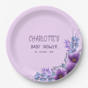 Elegante Wasserfarbe Lila Blumen Baby Shower Pappteller