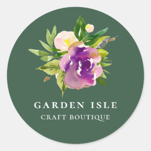 Elegante Wasserfarbe Lila Blumengrün Runder Aufkleber
