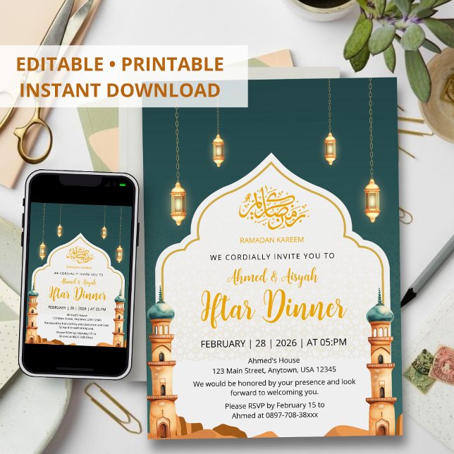 Elegante Wasserfarbe Moschee-Minarette Iftar-Abend Einladung (Von Creator hochgeladen)