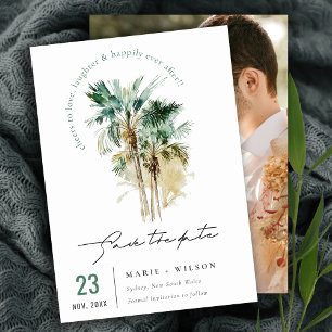 Elegante Wasserfarbe-Palmbaum-Schriftfoto Save The Date