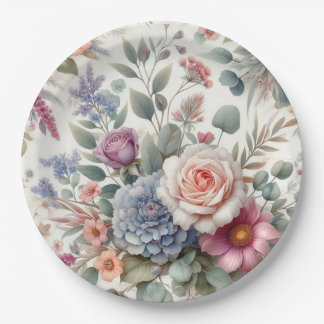 Elegante Wasserfarbe Pastell Blumenrosen Papierpla Pappteller