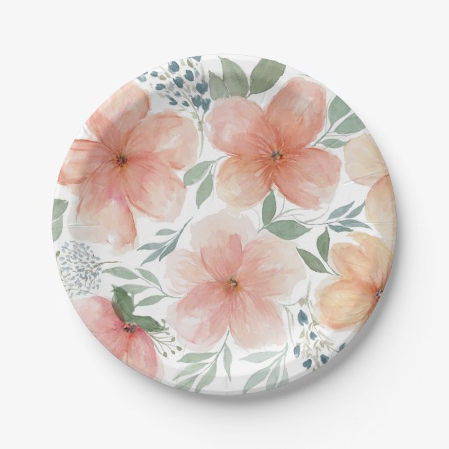Elegante Wasserfarbe Peach Floral Pappteller (Vorderseite)