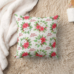 Elegante Wasserfarbe Poinsettie Frohe Weihnachten Kissen
