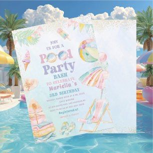 Elegante Wasserfarbe Poolparty 3. Geburtstag Mädch Einladung