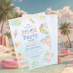 Elegante Wasserfarbe Poolparty 5. Geburtstag Mädch Einladung