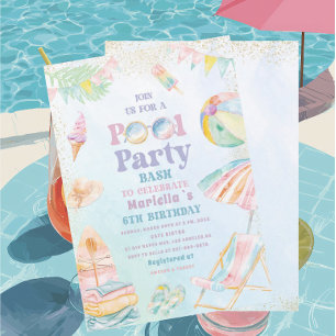 Elegante Wasserfarbe Poolparty 6. Geburtstag Mädch Einladung