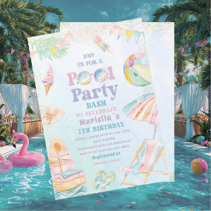 Elegante Wasserfarbe Poolparty 7. Geburtstag Mädch Einladung